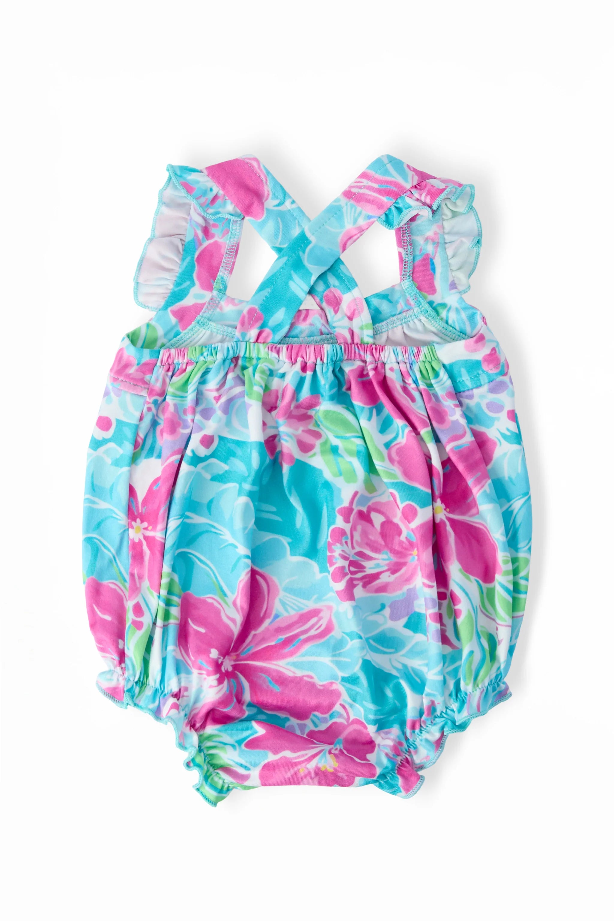 TROPICAL PUNCH RUFFLE CROSS BACK ROMPER