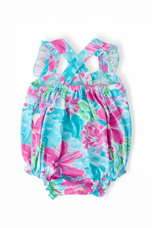 TROPICAL PUNCH RUFFLE CROSS BACK ROMPER
