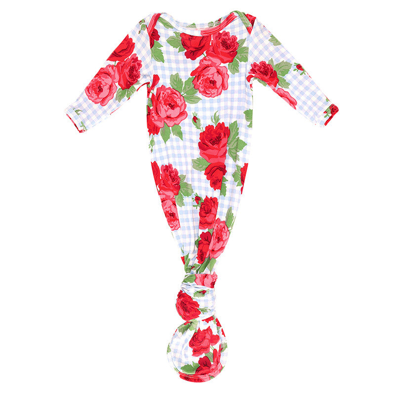 Knotted Gown - Blue Gingham + Red Roses