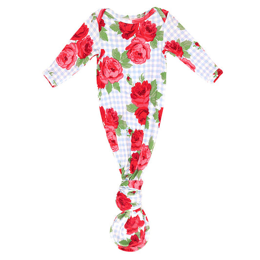 Knotted Gown - Blue Gingham + Red Roses