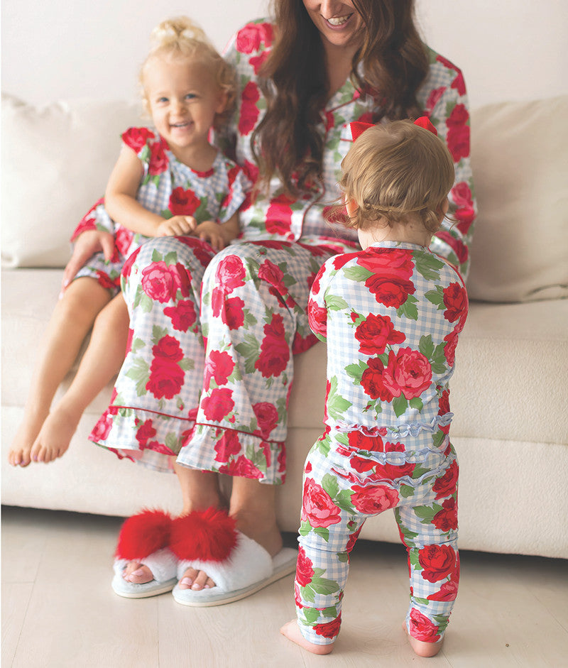 Cozy Romper - Blue Gingham + Red Roses