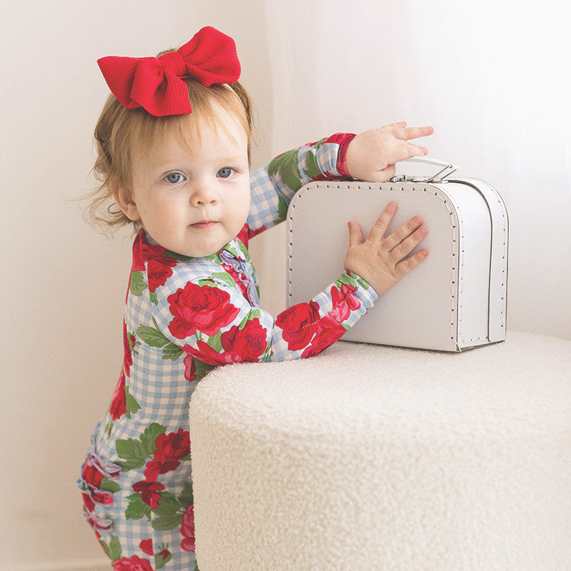 Cozy Romper - Blue Gingham + Red Roses