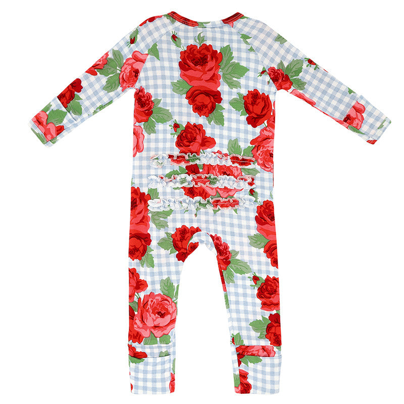 Cozy Romper - Blue Gingham + Red Roses