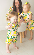 Load image into Gallery viewer, Two-Piece Short Sleeve + Shorts Ruffle Set - Pink Stripes + Lemons
