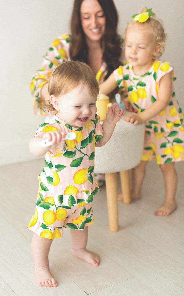 Two-Piece Short Sleeve + Shorts Ruffle Set - Pink Stripes + Lemons