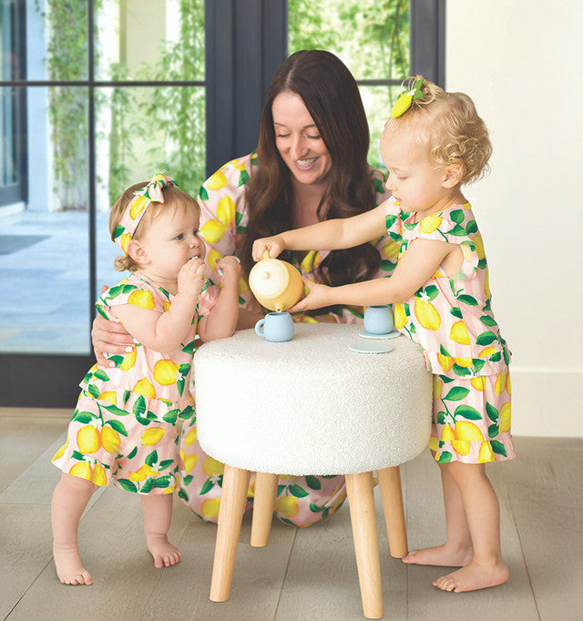 Two-Piece Short Sleeve + Shorts Ruffle Set - Pink Stripes + Lemons