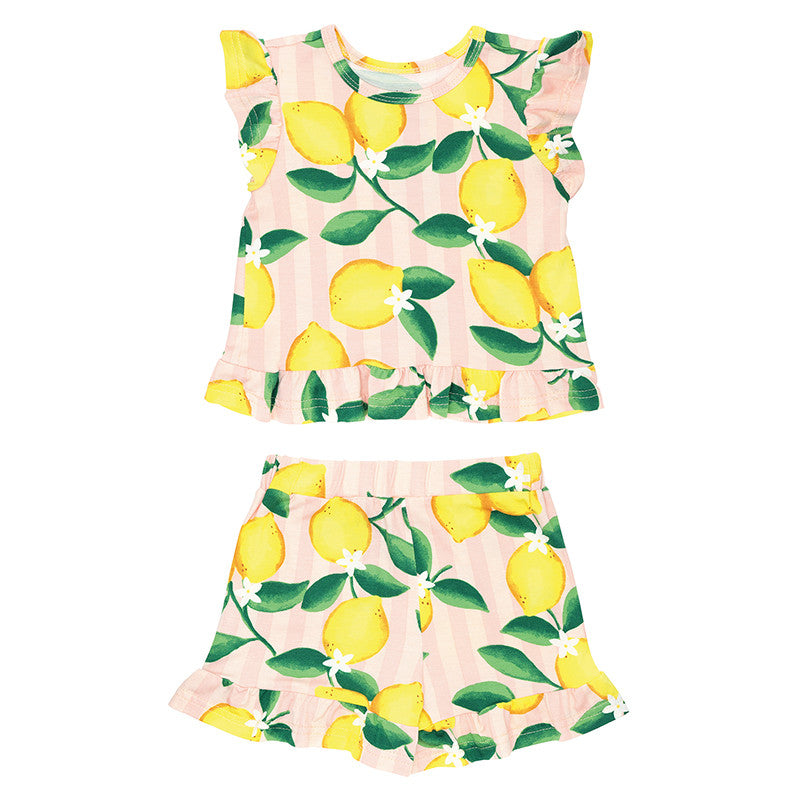 Two-Piece Short Sleeve + Shorts Ruffle Set - Pink Stripes + Lemons