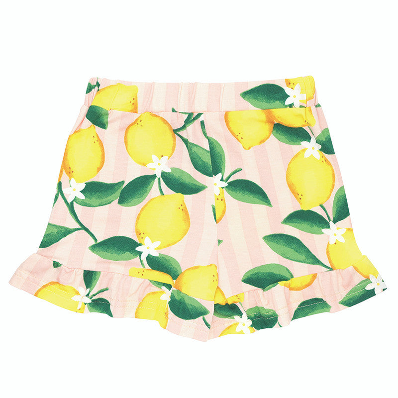 Two-Piece Short Sleeve + Shorts Ruffle Set - Pink Stripes + Lemons