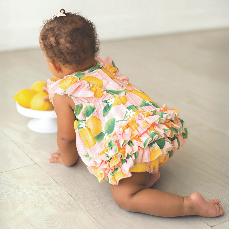 Sleeveless Bubble Romper with Ruffles - Pink Stripes + Lemons