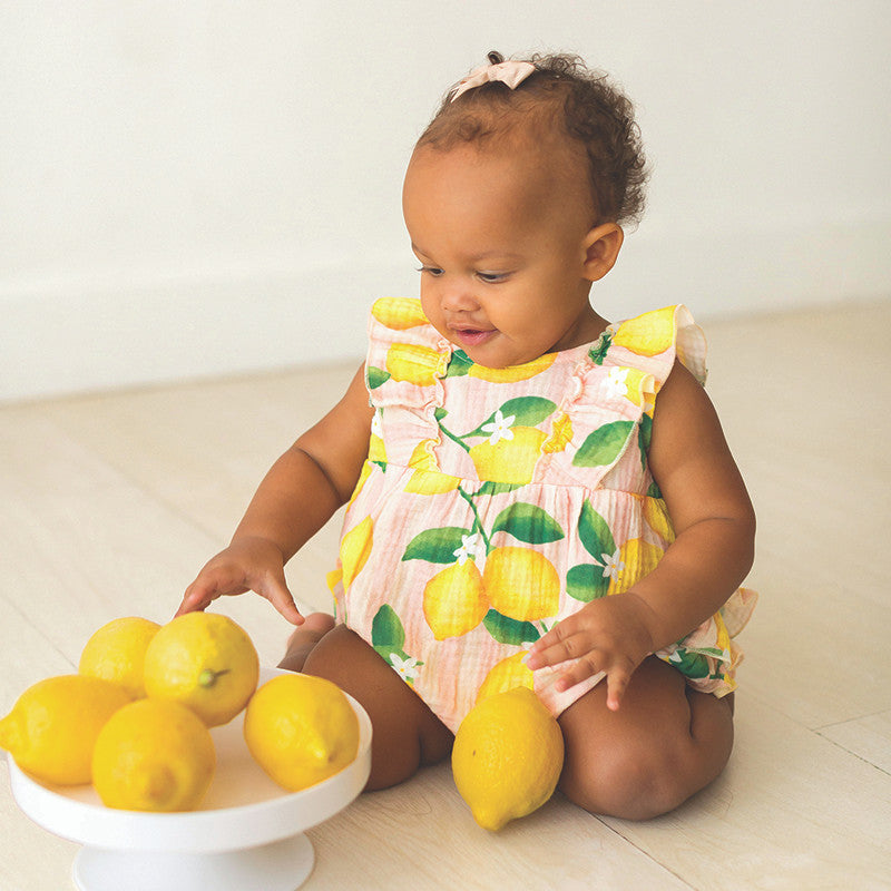 Sleeveless Bubble Romper with Ruffles - Pink Stripes + Lemons