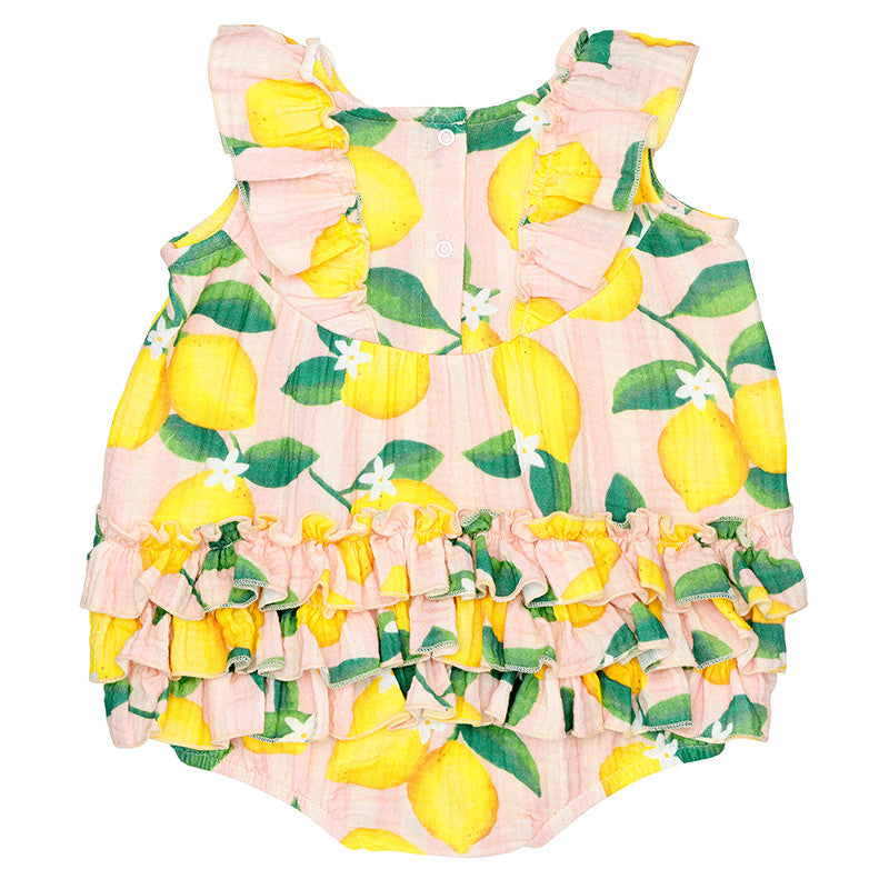 Sleeveless Bubble Romper with Ruffles - Pink Stripes + Lemons