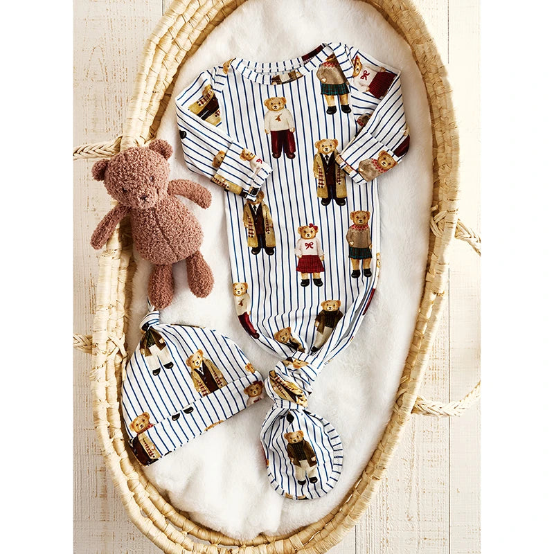 Knotted Gown - Bear + Blue Stripes