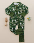 Load image into Gallery viewer, Bamboo Zip Romper | Green Camo Bolts
