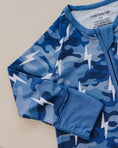 Load image into Gallery viewer, Bamboo Zip Romper | Blue Camo Bolts
