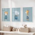 Load image into Gallery viewer, Safari Nursery Wall Art Set of 3. Baby Elephant, Giraffe, Tiger
