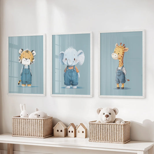 Safari Nursery Wall Art Set of 3. Baby Elephant, Giraffe, Tiger