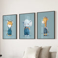 Load image into Gallery viewer, Safari Nursery Wall Art Set of 3. Baby Elephant, Giraffe, Tiger
