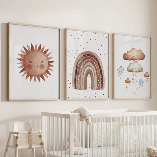 Minimalist Baby Room Wall Art Set of 3. Earthy Rainbow Theme