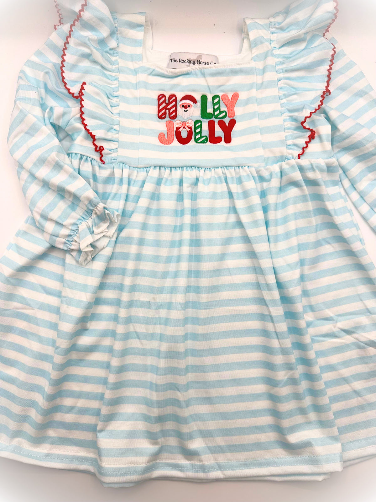 Blue Stripe Holly Jolly Embroidery Dress