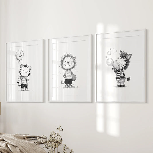 Black White Gender-Neutral Nursery Art Set. Lion Tiger Zebra