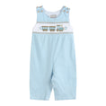 Load image into Gallery viewer, Blue Gingham Train Smocked Overalls
