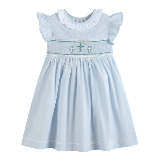 Blue Ruffled Crosses Smocked Dress