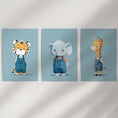 Load image into Gallery viewer, Safari Nursery Wall Art Set of 3. Baby Elephant, Giraffe, Tiger
