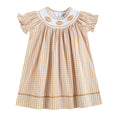 Load image into Gallery viewer, Brown Gingham Football Smocked Bishop Dress
