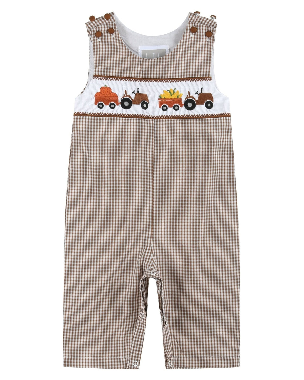 Brown Gingham Pumpkin and Corn Tractor Smocked Longall