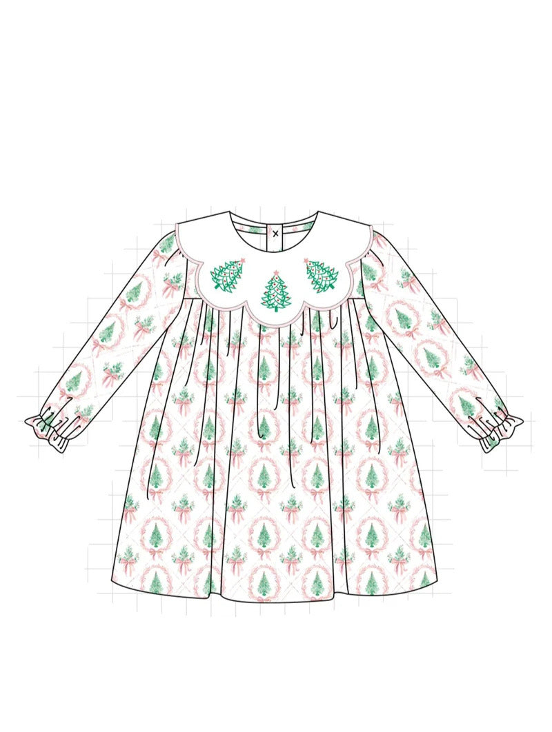 Pink Christmas Tree Embroidery Dress
