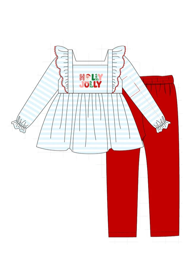 Blue Stripe Holly Jolly Embroidery Ruffle Pants Set