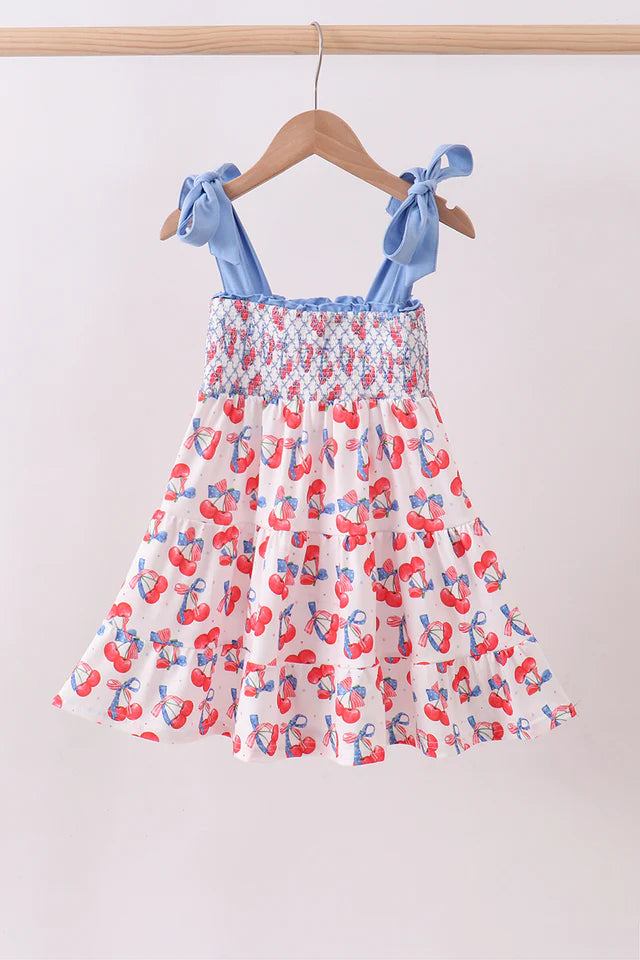 Blue cherry smocked tiered dress