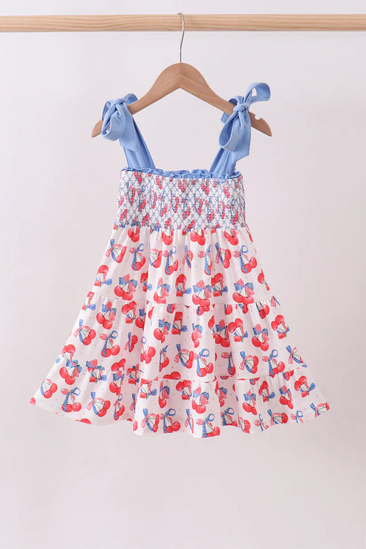Blue cherry smocked tiered dress