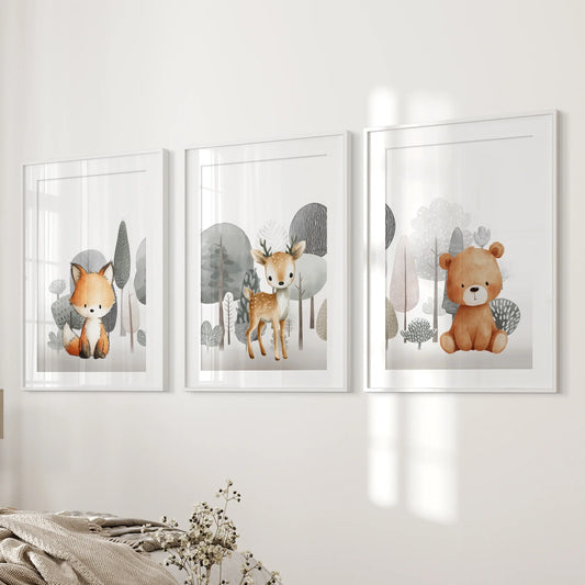 Forest Animal Nursery Decor. Cute Fox Fawn Bear Print Set