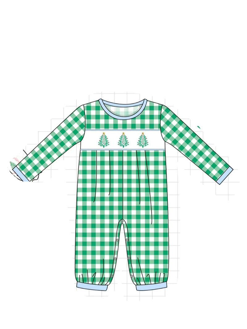 Plaid Christmas Tree Embroidery Boy Onesie