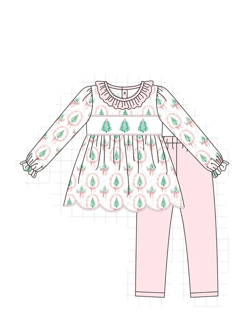 Pink Christmas Tree Embroidery Ruffle Pants Set