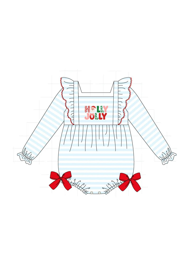 Blue Stripe Holly Jolly Embroidery Ruffle Onesie