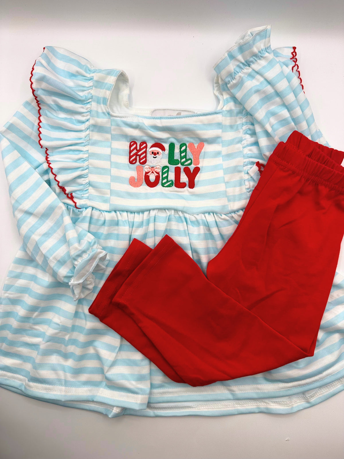 Blue Stripe Holly Jolly Embroidery Ruffle Pants Set