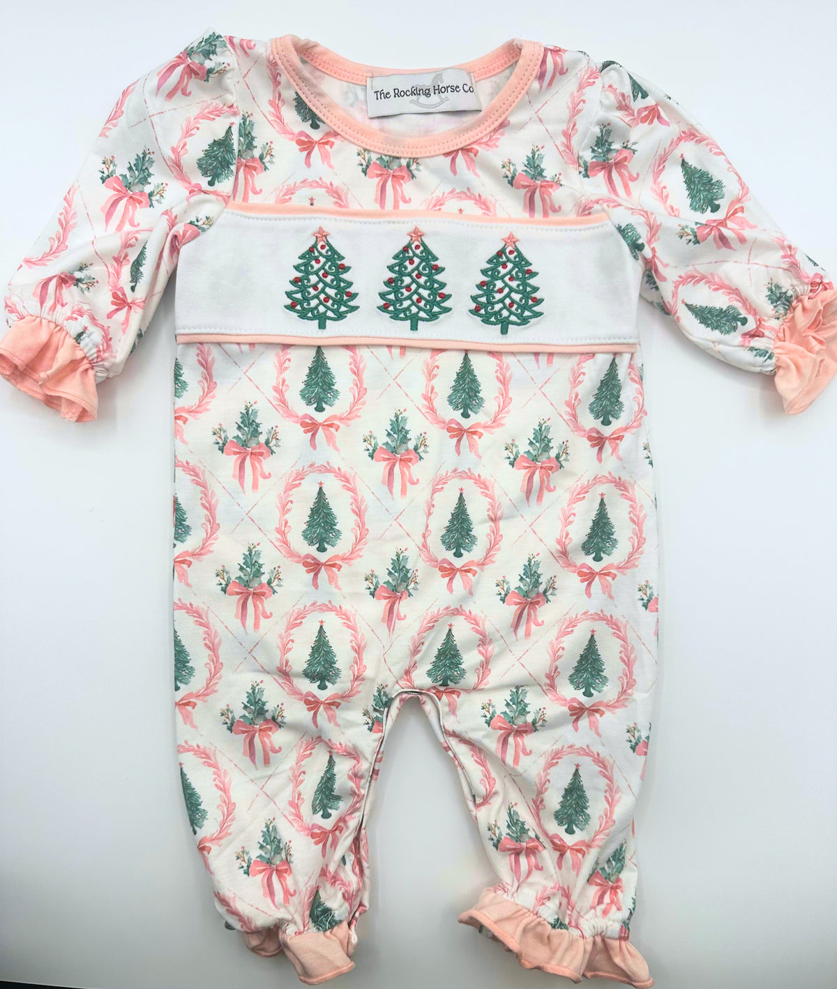 Pink Christmas Tree Embroidery Romper