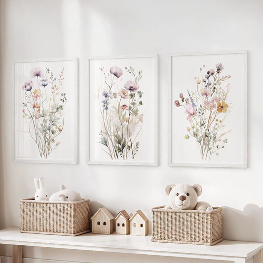 Floral Watercolor Wall Decor. Elegant Garden Set of 3 Prints