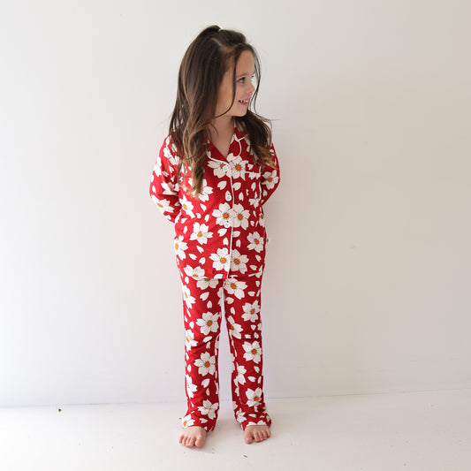 Girl's Bamboo Button Up Lounge Set | Cherry Blossoms