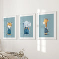Load image into Gallery viewer, Safari Nursery Wall Art Set of 3. Baby Elephant, Giraffe, Tiger
