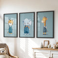 Load image into Gallery viewer, Safari Nursery Wall Art Set of 3. Baby Elephant, Giraffe, Tiger
