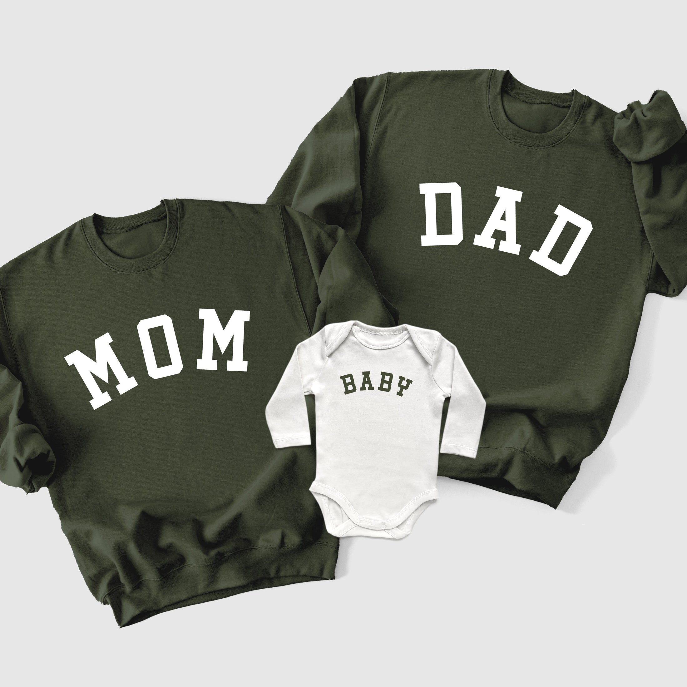 Mom, Dad and Baby Family Matching Sweatshirts in Army Green