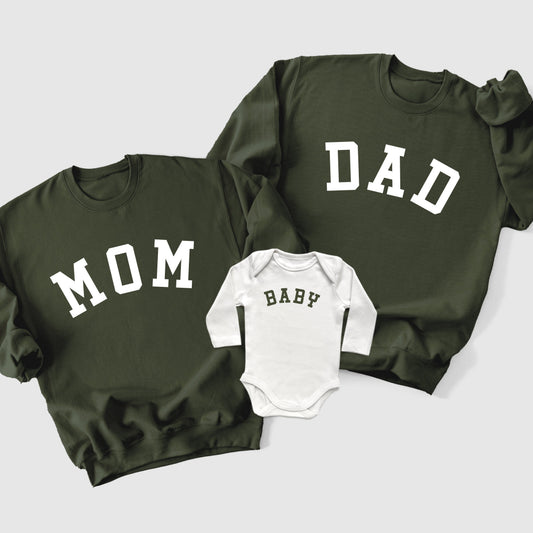 Mom, Dad and Baby Family Matching Sweatshirts in Army Green
