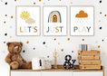 Load image into Gallery viewer, "Let's Just Play" - Sunshine, Rainbow, Clouds Playroom Set - Luster Paper Nursery Wall Art Prints
