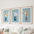 Load image into Gallery viewer, Safari Nursery Wall Art Set of 3. Baby Elephant, Giraffe, Tiger
