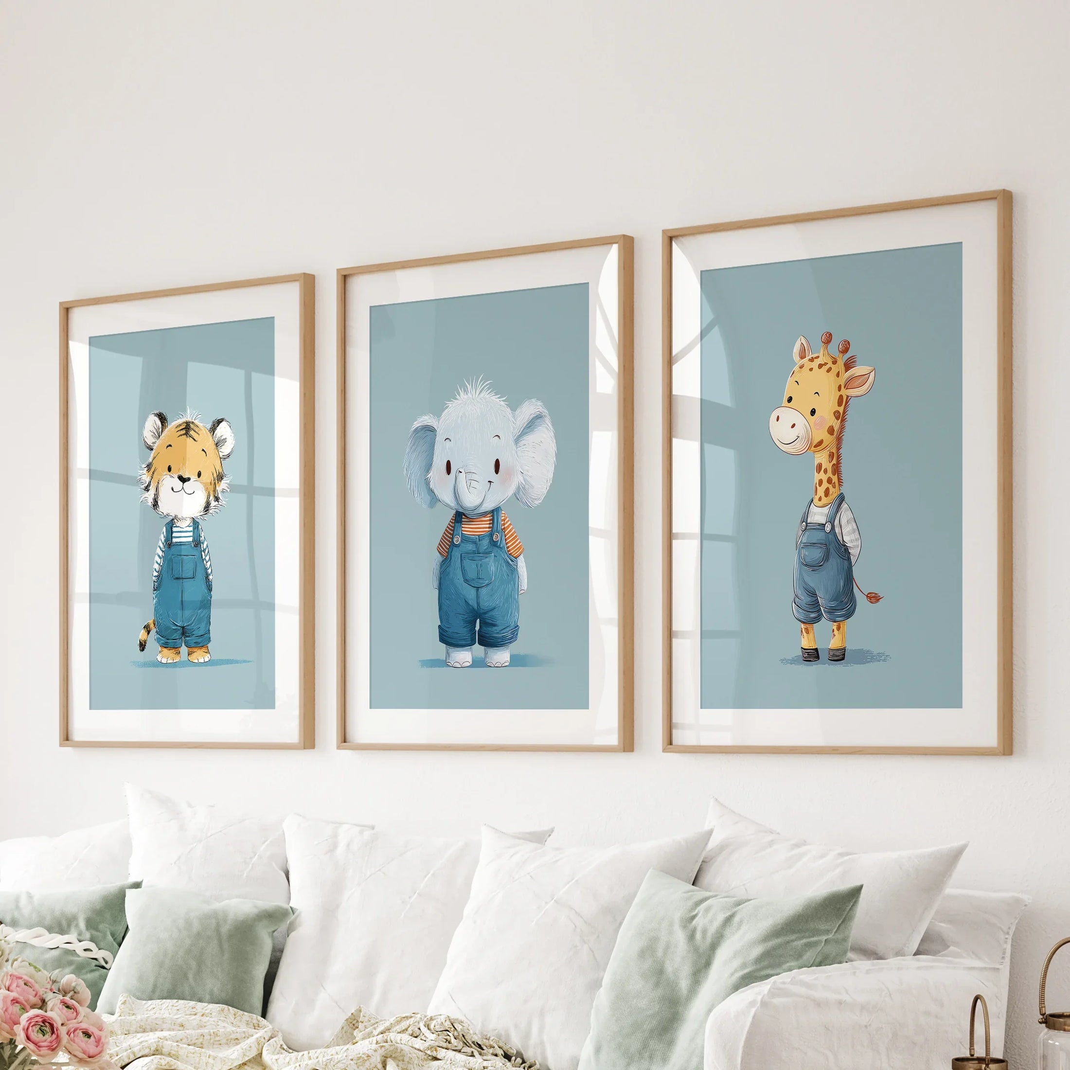 Safari Nursery Wall Art Set of 3. Baby Elephant, Giraffe, Tiger
