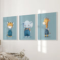 Load image into Gallery viewer, Safari Nursery Wall Art Set of 3. Baby Elephant, Giraffe, Tiger
