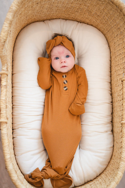 Caramel Ribbed Bamboo Knotted Baby Gown